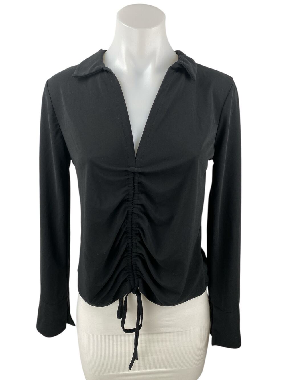 Zara Women's Black Collared Ruched Cinched Tie Long Sleeve Shirt Blouse Top Sz M